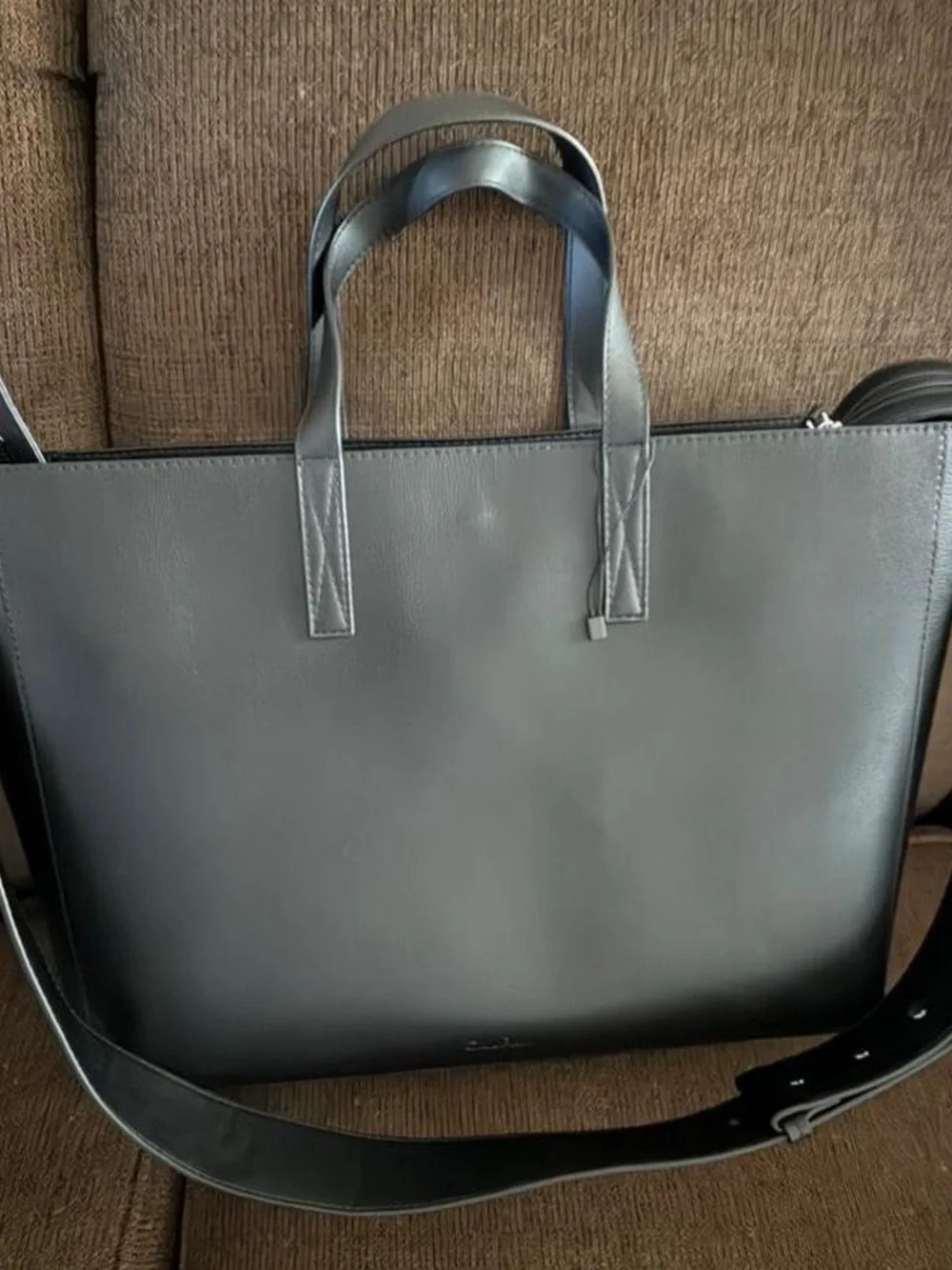 Calpak Black Leather Laptop Tote with Wide Shoulder Strap